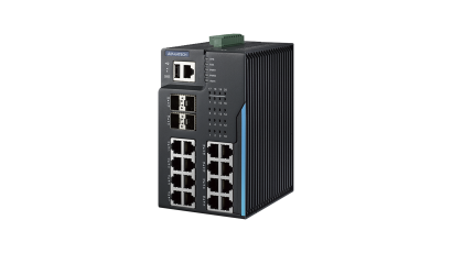 EKI-7720G-4XFI is a DIN rail L2 switch with 16 Gigabit Ethernet ports, 4 SFP+ ports, IXM for quick setup, and X-Ring Pro for 20ms recovery.